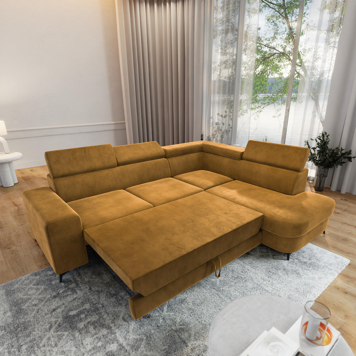 ECKSOFA ALVORO R-S Gelb Velours-Stoff mit Schlaffunktion - Gelb, Holz (253/190cm) - MASSENO
