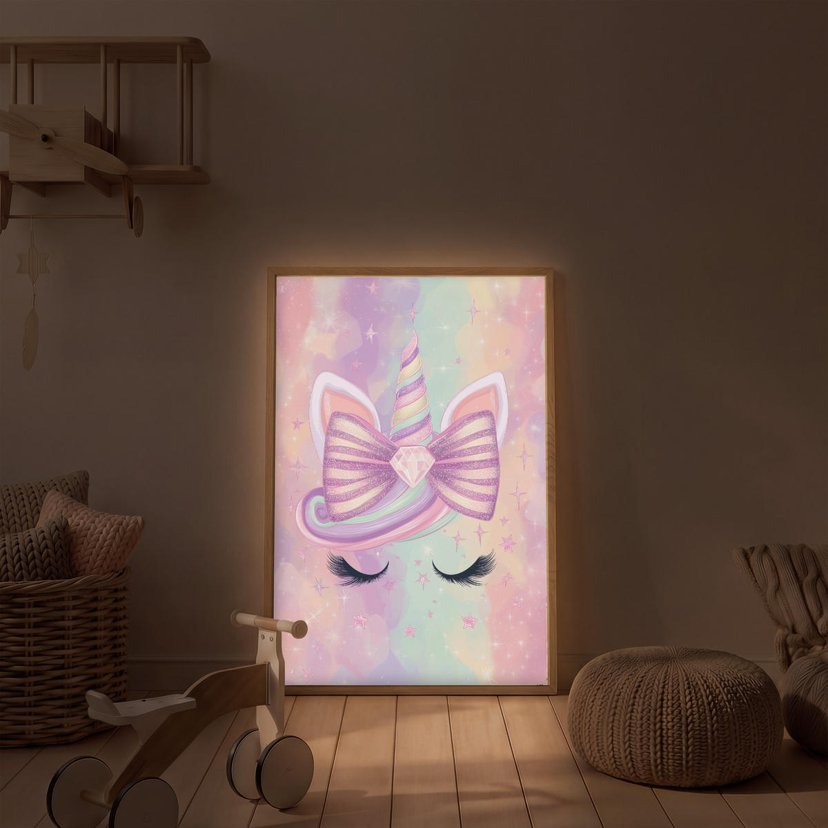 DOBÍJECÍ NOČNÍ LAMPIČKA Jednorožec - Třpytky - Duha - Pastelové barvy 60x90 cm - světle růžová, kompozitní dřevo (8/60/90cm) - OnlyWow
