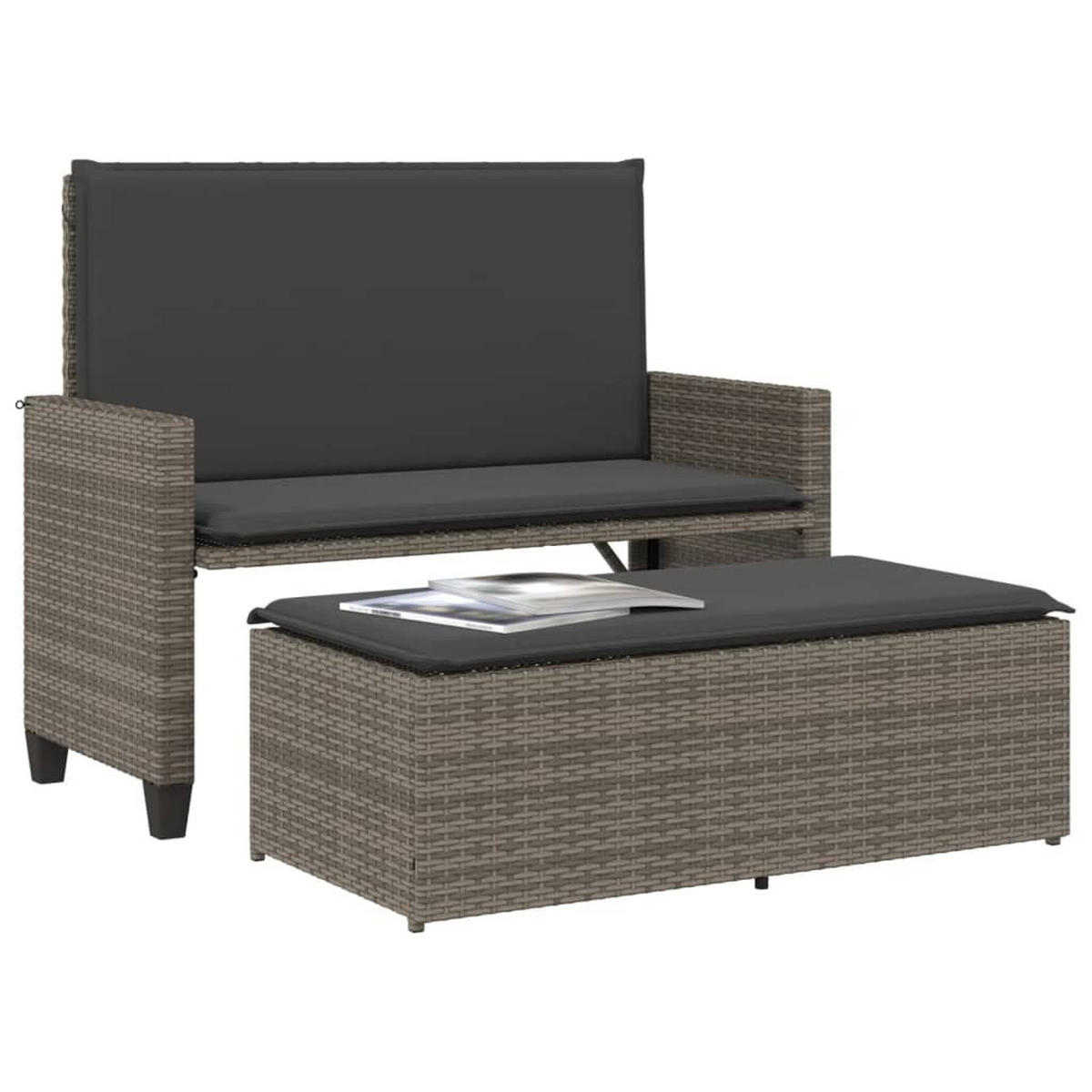 GARTENBANK mit Kissen und Hocker Grau Poly Rattan - Grau, Kunststoff (122/61.5/55cm) - furnicato