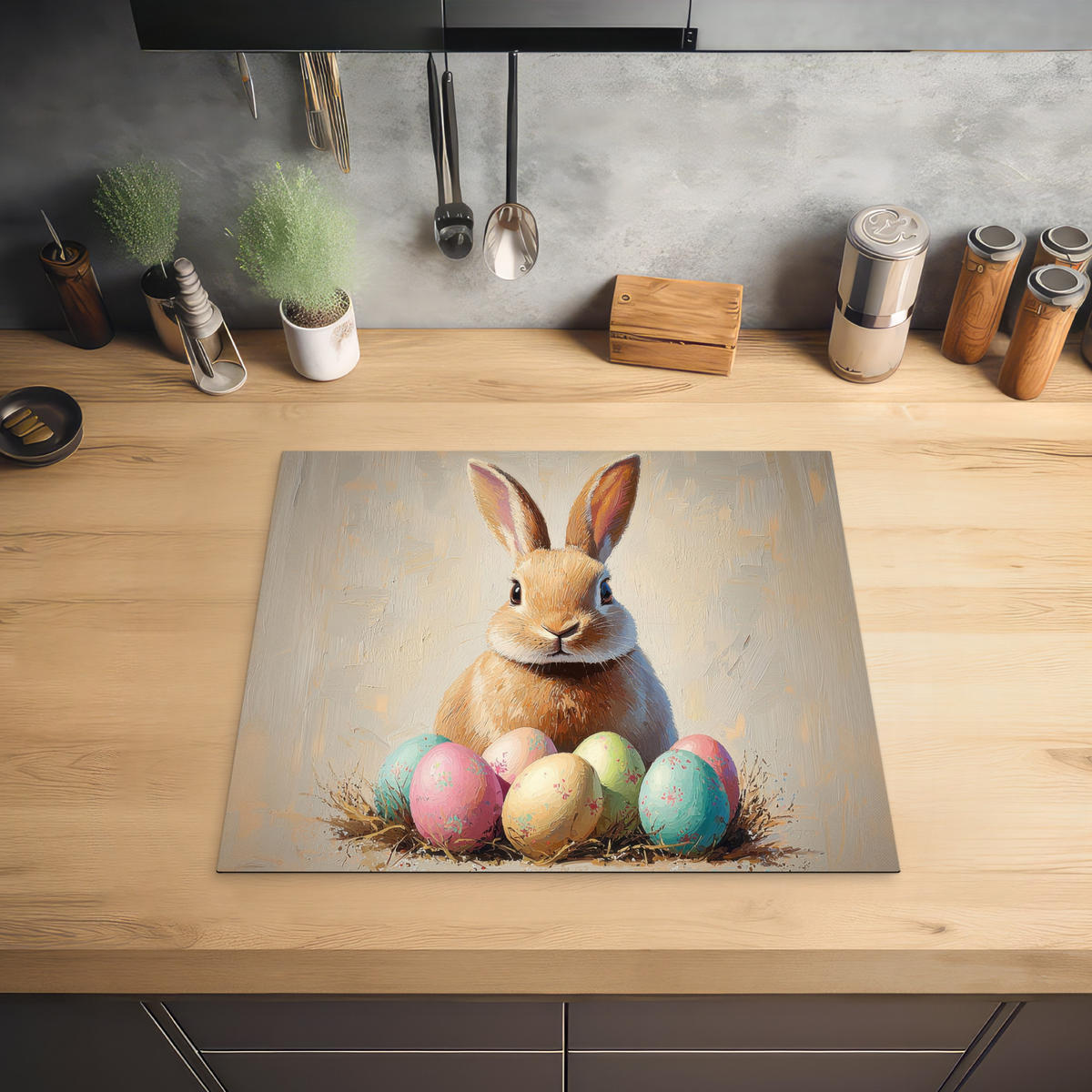 HERDABDECKPLATTE Osterhase - Pastell - Eier Abdeckung Ceranfeld 57.6x51.6 cm - Beige, Kunststoff (57.6/51.6/0.2cm) - MuchoWow