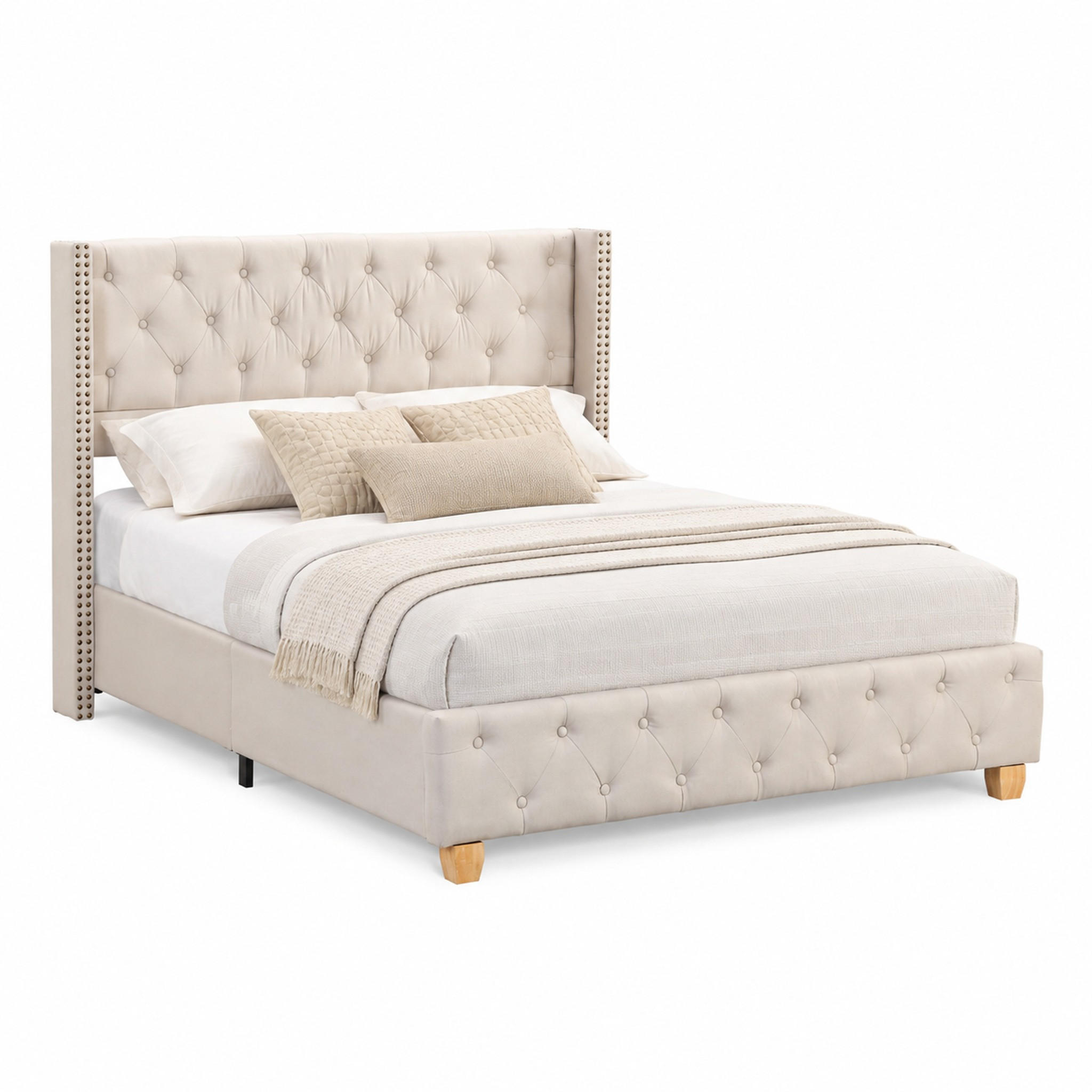 POLSTERBETT mit Kopfteil 160x200 cm Leinen Beige - Beige, Metall (160/200cm) - Meubliv