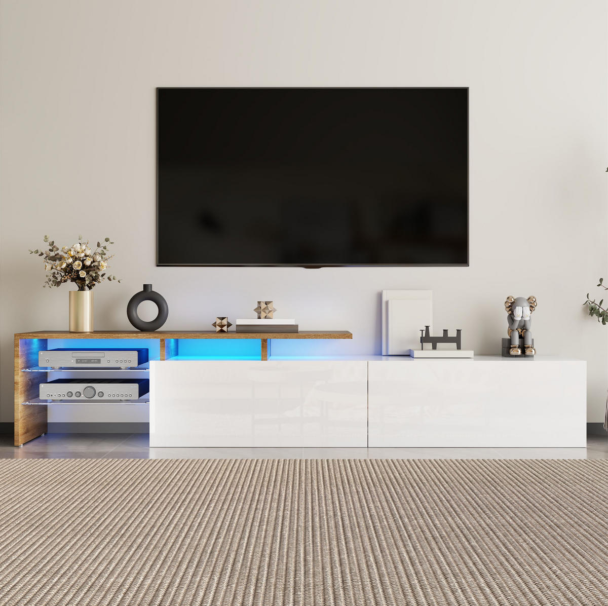 TV-SCHRANK aus Spanplatte 170x33x33,5 cm Weiß/Natur mit LED-Beleuchtung, Glasböden und Stauraum - Weiß, Holzwerkstoff (170/33.5/33cm) - Modfu