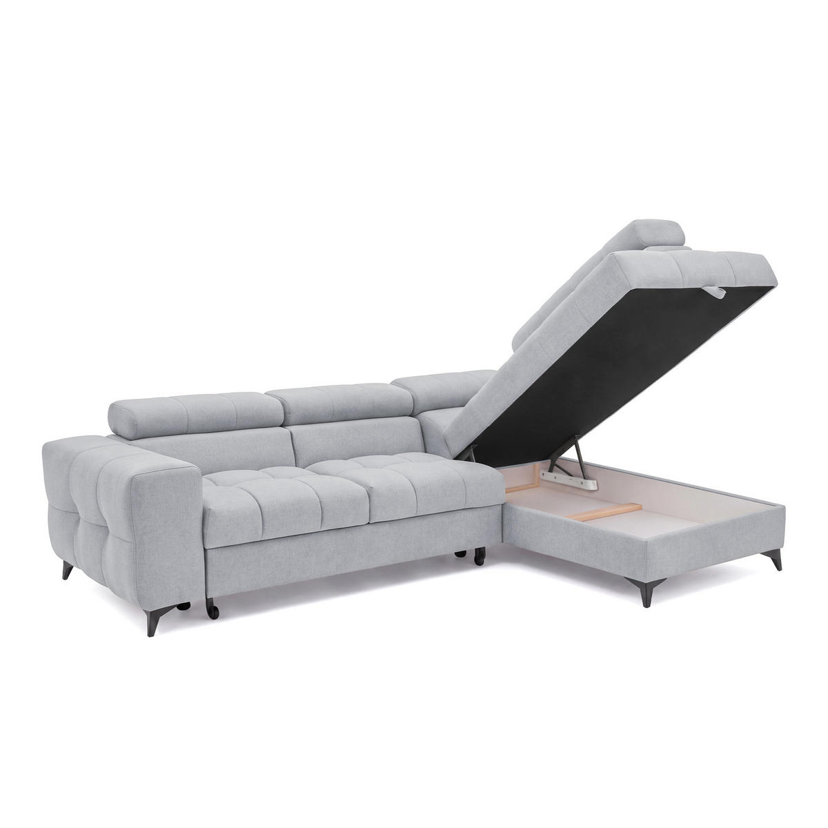 ECKSOFA PUDDING S Rechts mit Schlaffunktion 125x195 Velours Hellgrau - Hellgrau/Schwarz, Holz/Textil (275/177cm) - Muffo