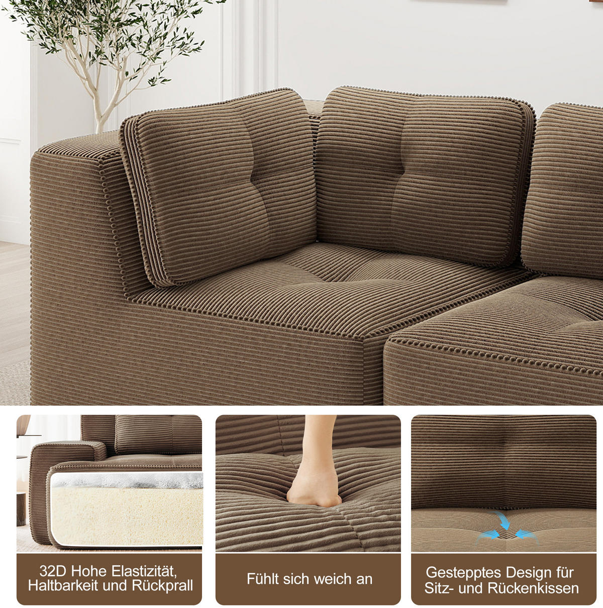 ECKSOFA 386/177/69 cm braun aus Cord mit modularem Design und rutschfestem Standfuß - Braun, Textil (177/386cm) - OKWISH