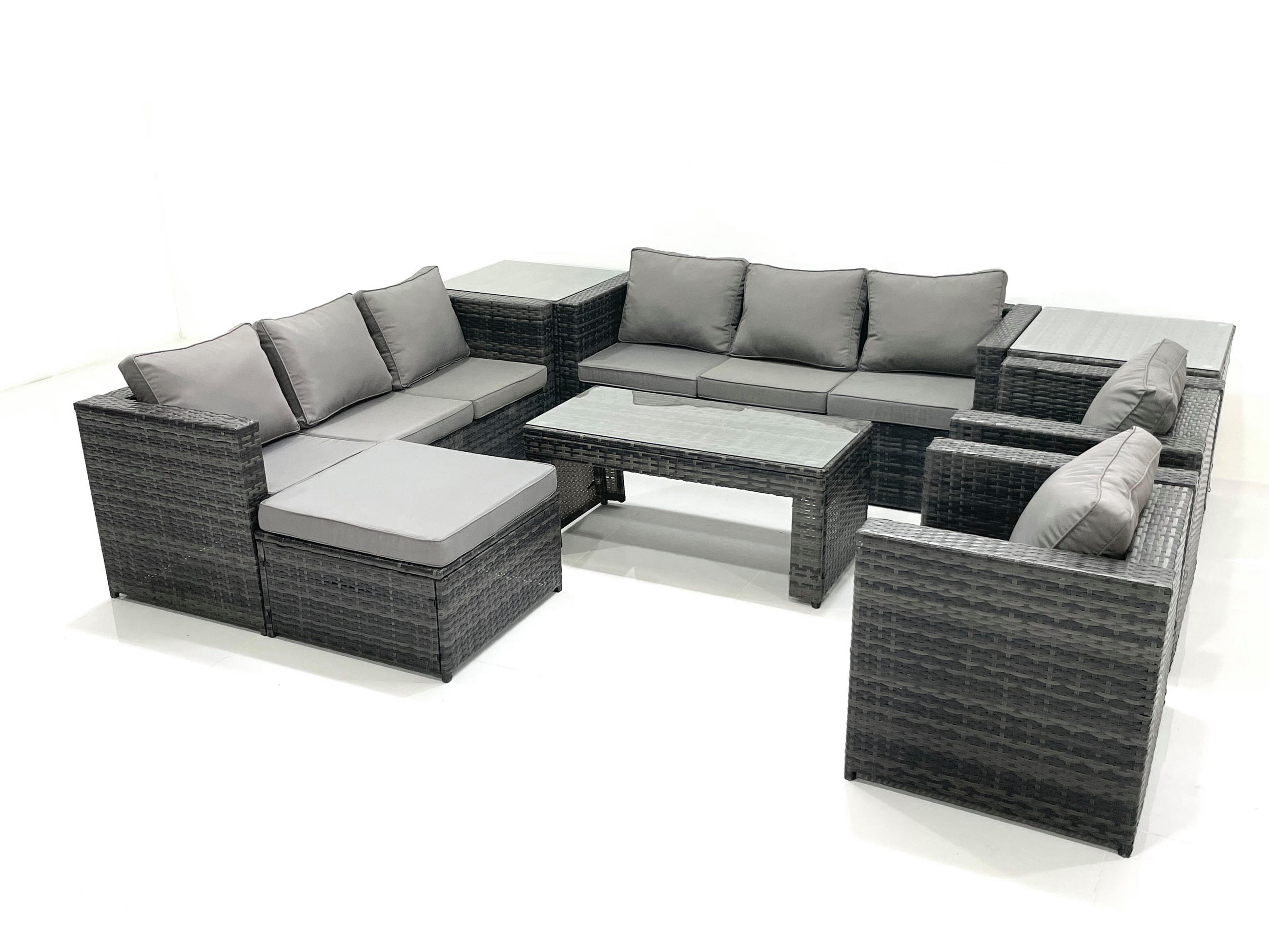 GARTENMÖBEL COUCHTISCH SET mit Sofa Polyrattan Outdoor 9-Sitzer - Dunkelgrau/Grau, Glas/Kunststoff - Fimous