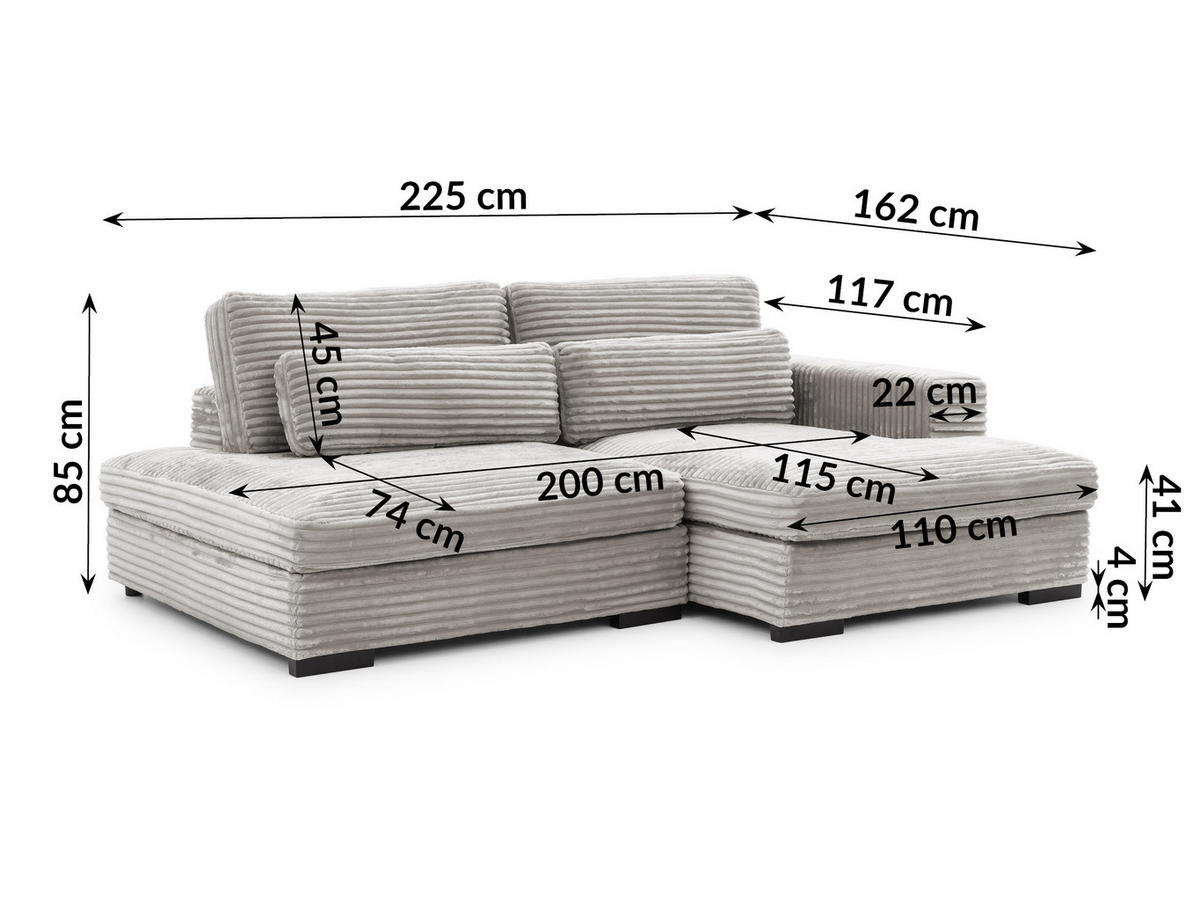 ECKSOFA Wolke mit tiefer Sitzfläche, Schlaffunktion und praktischem Bettkasten aus weichem Taupe Cordstoff - Taupe/Schwarz, Holz/Kunststoff (225/162cm) - S-Style