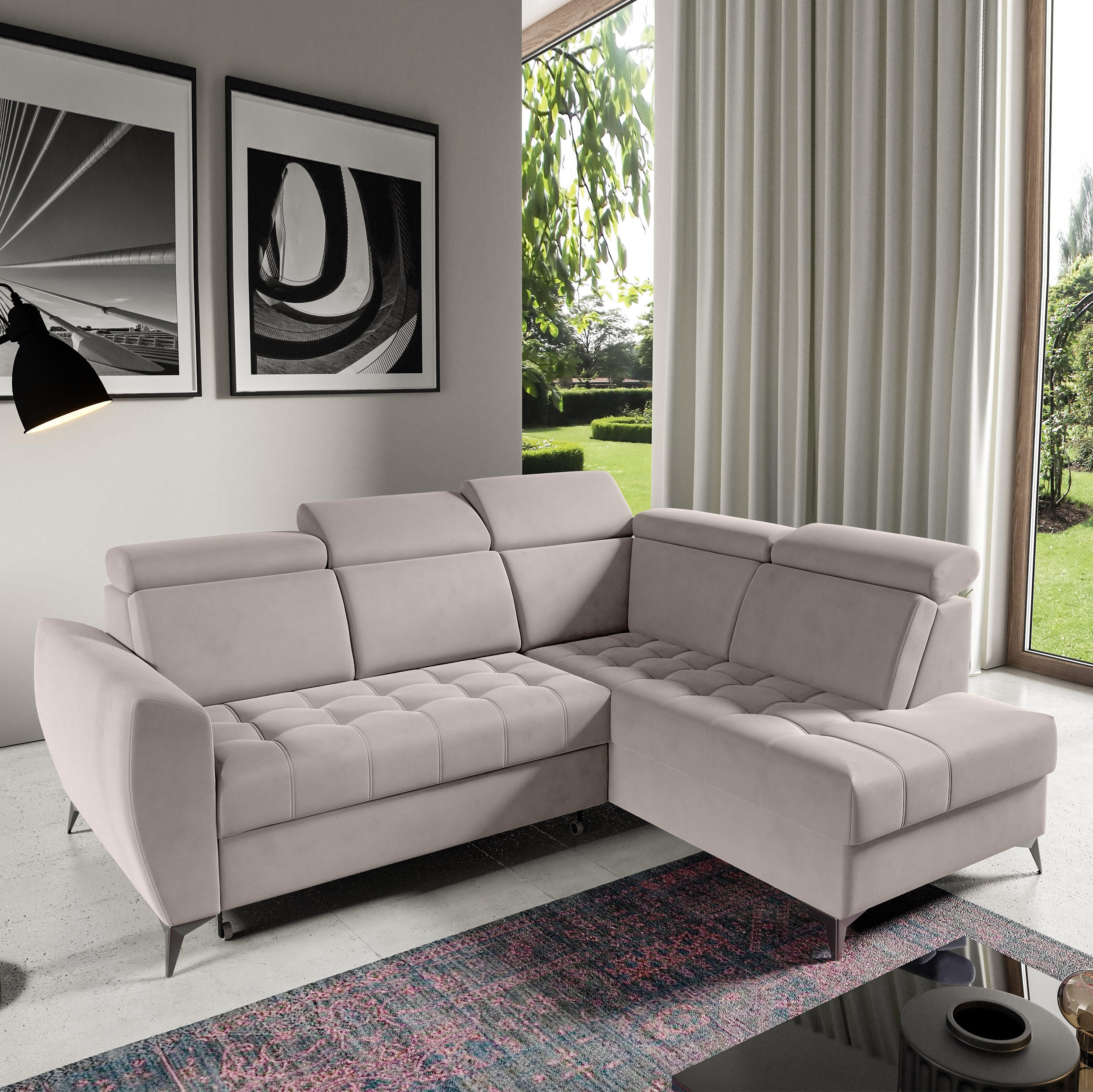 ECKSCHLAFSOFA Aurora II mit verstellbare Kopfstützen, Beige, rechts - Beige/Schwarz, Textil (266/204cm) - Beautysofa