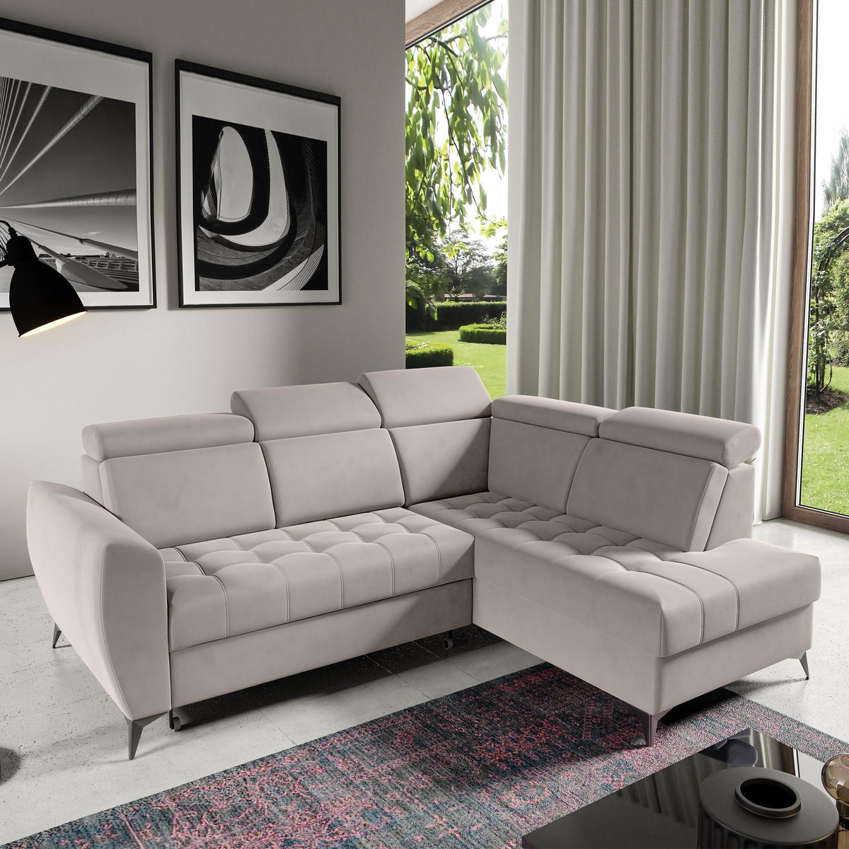 ECKSCHLAFSOFA Aurora II mit verstellbare Kopfstützen, Beige, rechts - Beige/Schwarz, Textil (266/204cm) - Beautysofa