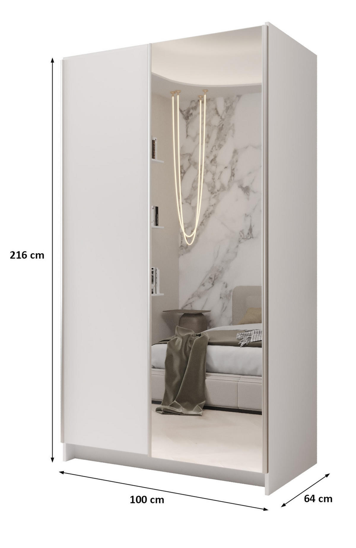 SCHIEBETÜRENSCHRANK MORE 100, 2-türig Kleiderschrank mit 1 Spiegel, Moderne Garderobe, Schrank in Größe: 100 x 216 x 64 cm - Weiß, Holzwerkstoff (100/216/64cm) - O-Sofa