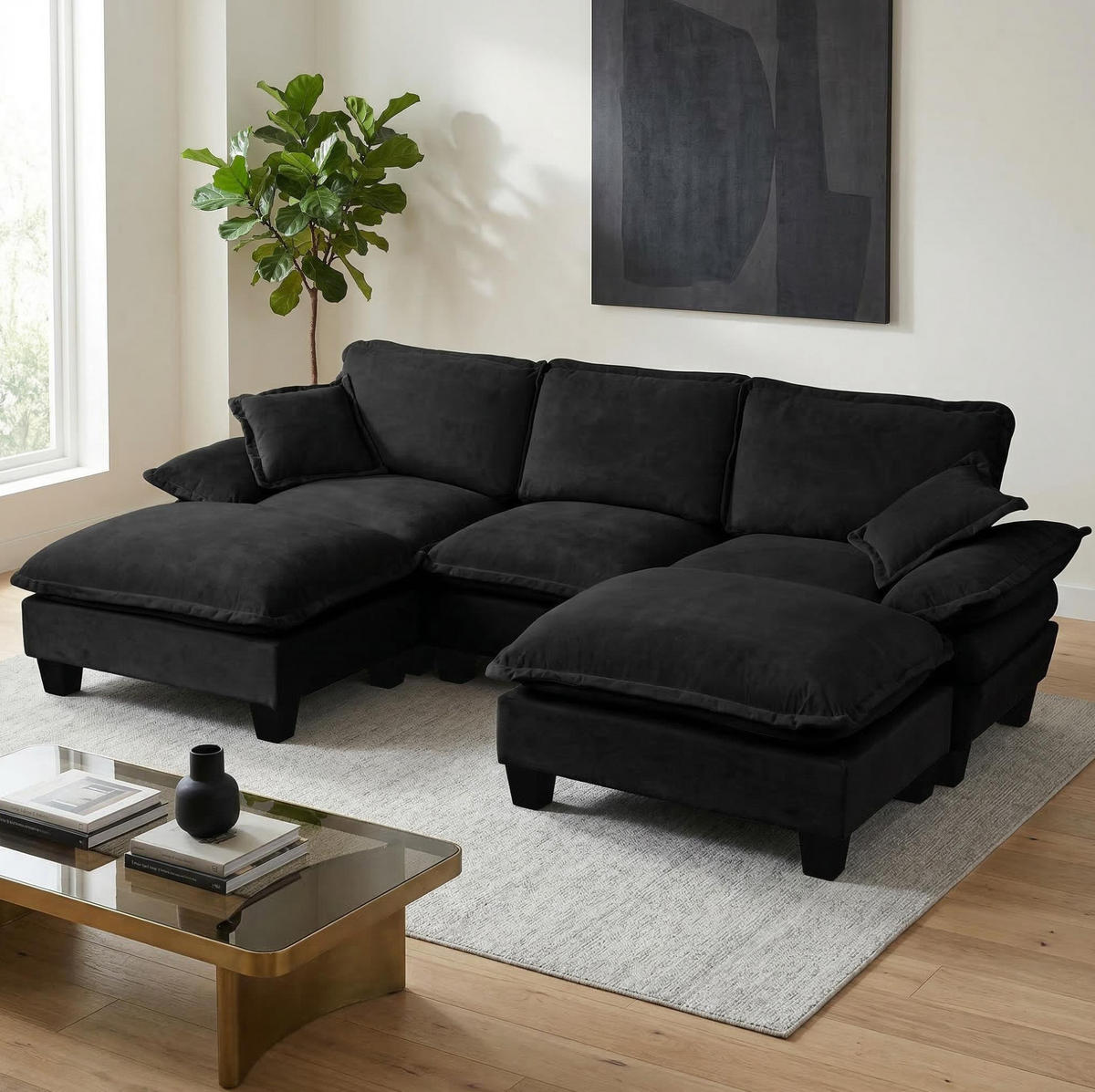 WOHNLANDSCHAFT aus Chenille 224x155x90 cm in Schwarz mit 2 Ottomanen & 2 Kissen - Schwarz, Textil (155/90/224cm) - Modfu