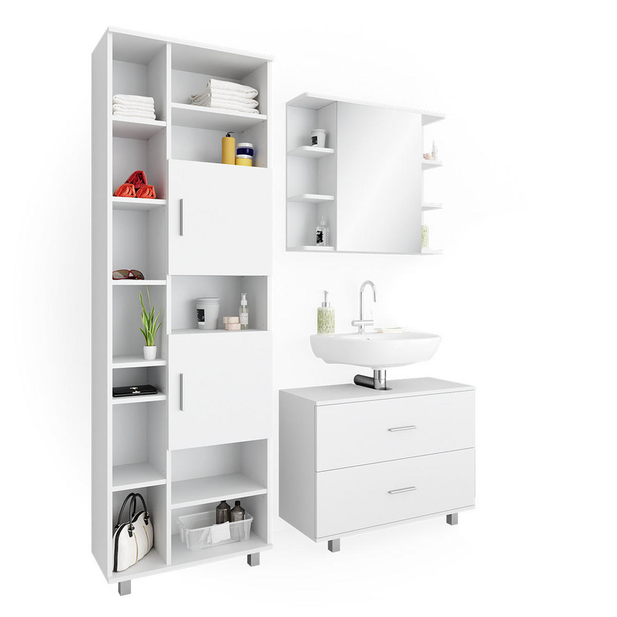 BADMÖBEL-SET Ilias Weiß 3 Teile, mit Hochschrank - Weiß, Holzwerkstoff (80.2/60.8/33cm) - Vicco