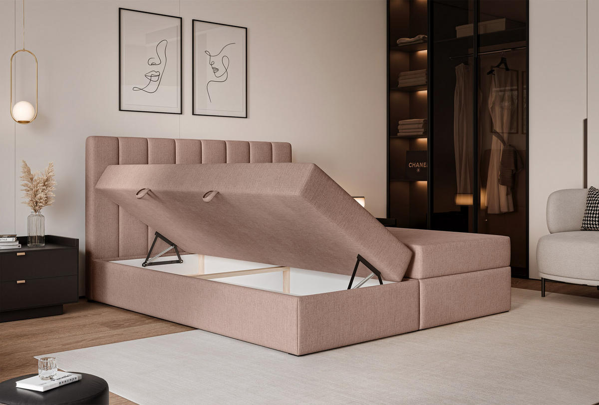 BOXBETT LEO 180/200 cm mit Matratze und Topper, Zartrosa - Hellrosa/Schwarz, Holzwerkstoff/Kunststoff (180/200cm) - Idohome