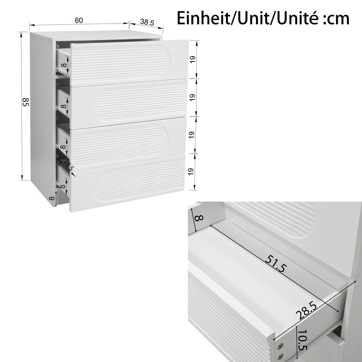 KOMMODE 60/38,5/85 cm mit 4 Schubladen – weiss, Hochglanz-Fronten - Weiß, Holzwerkstoff (60/85/38.5cm) - BEAOK