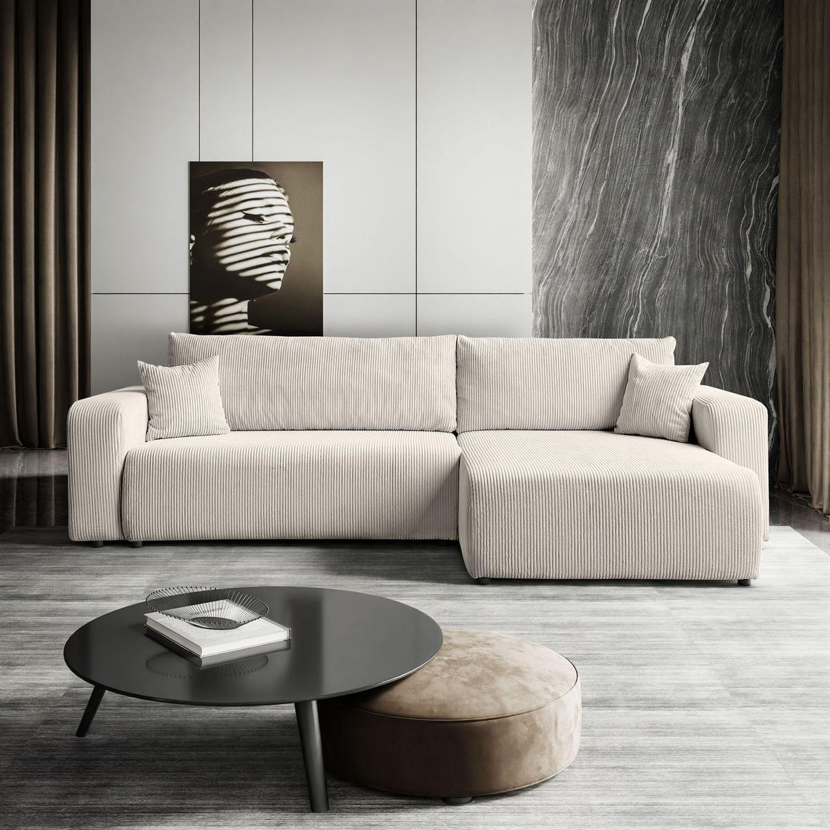 ECKSOFA Gepolstertes PRESTIGE XL mit Schlaffunktion und Bettkasten, Poso 100 - Ecru, Textil (277/143cm) - Lookway