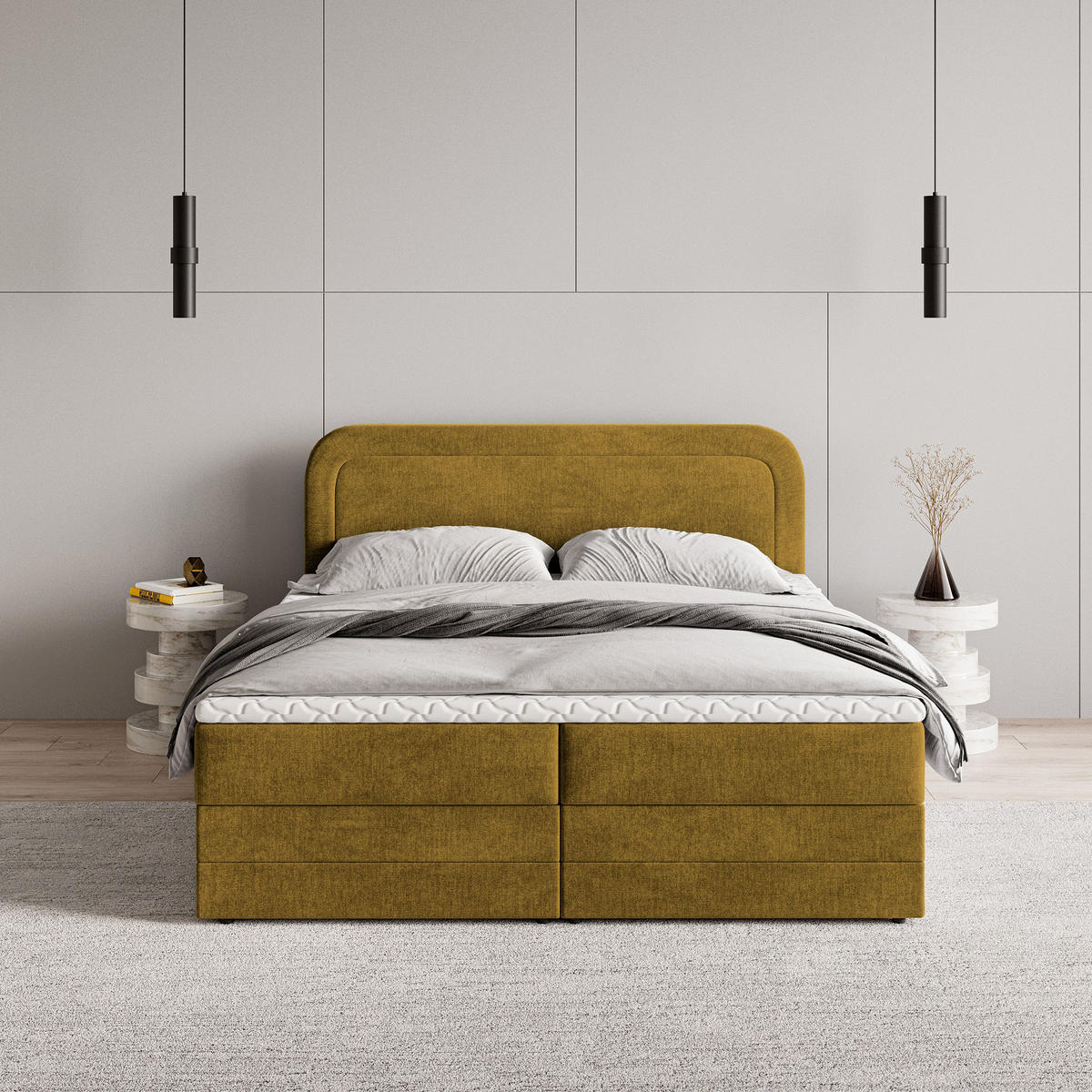 BOXBETT ARMEL 160x200 cm mit Matratze und Topper - Gelb - Gelb, Holz (160/200cm) - MASSENO