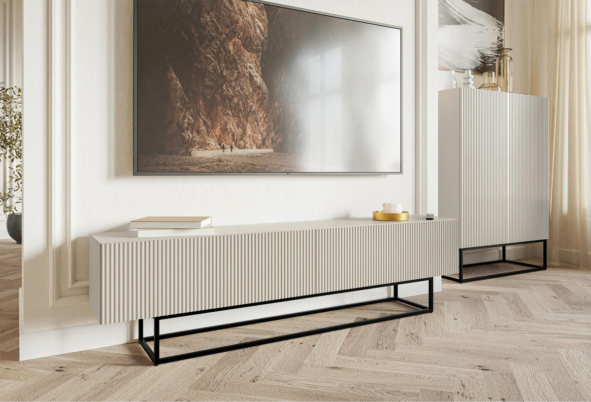TV stolík Veldio Greige s čiernym kovovým rámom 175 cm - čierna/sivobéžová, kov/kompozitné drevo (175/46.5/31.6cm) - Selsey