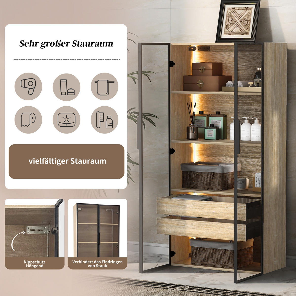 BADEZIMMERSCHRANK 74x36x155 cm Natural aus Spanplatte mit LED-Beleuchtung & Glasschranktüren - Naturfarben, Holzwerkstoff (74/155/36cm) - Modfu