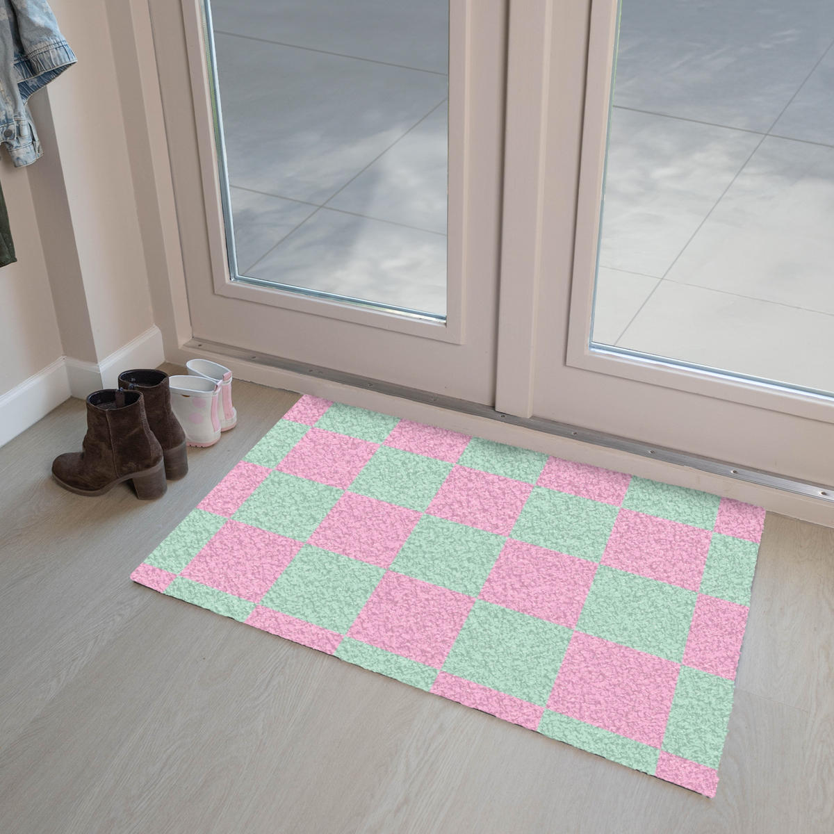 FUSSMATTE Schachbrettmuster - Grün - Rosa - Würfel Fußabtreter 90x60 cm - Mintgrün, Kunststoff (90/0.4cm) - MuchoWow