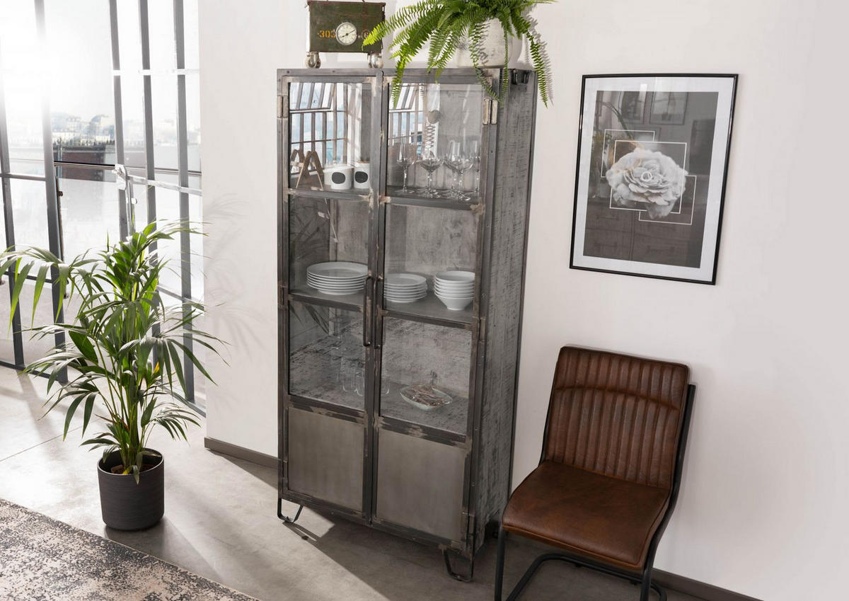 VITRINE Mango 90x40x190 grau lackiert HEAVY INDUSTRY #123 - Grau, Holz (90/190/40cm) - Massivmoebel24
