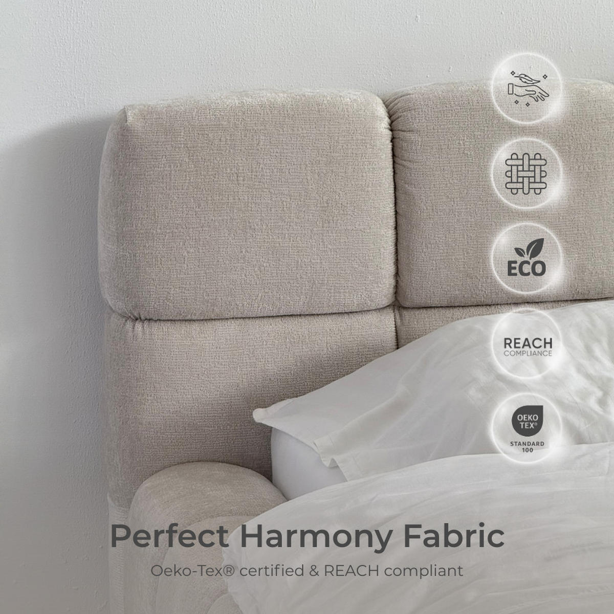 POLSTERBETT NUBO Medium 180x200 cm mit Bettkasten – PERFECT HARMONY 02 - Creme, Holz (180/200cm) - Dekori_Interiors