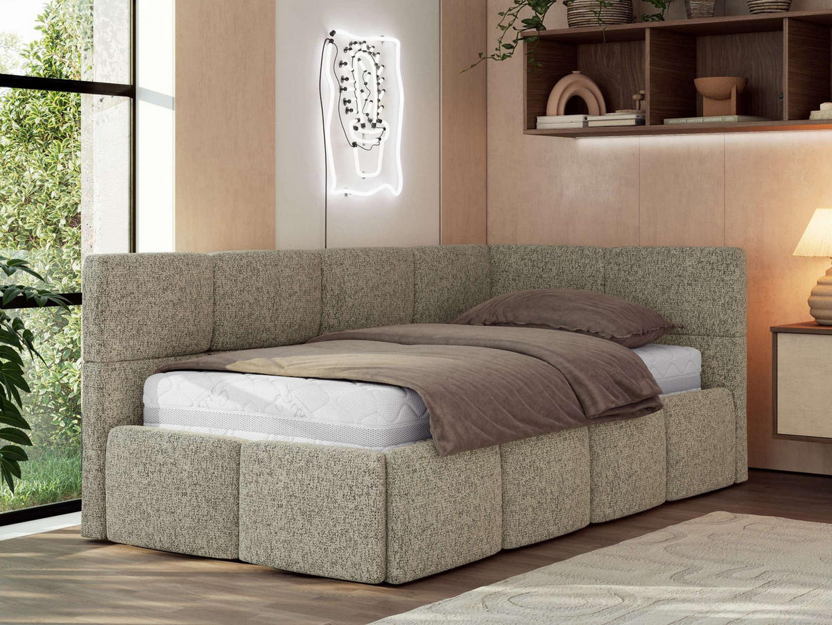 JUGENDBETT ARVO 90/200 - Dunkelbeige Strukture - Pocket-Matratze - Rechts Seite - Bronzefarben, Textil (90/200cm) - MKS