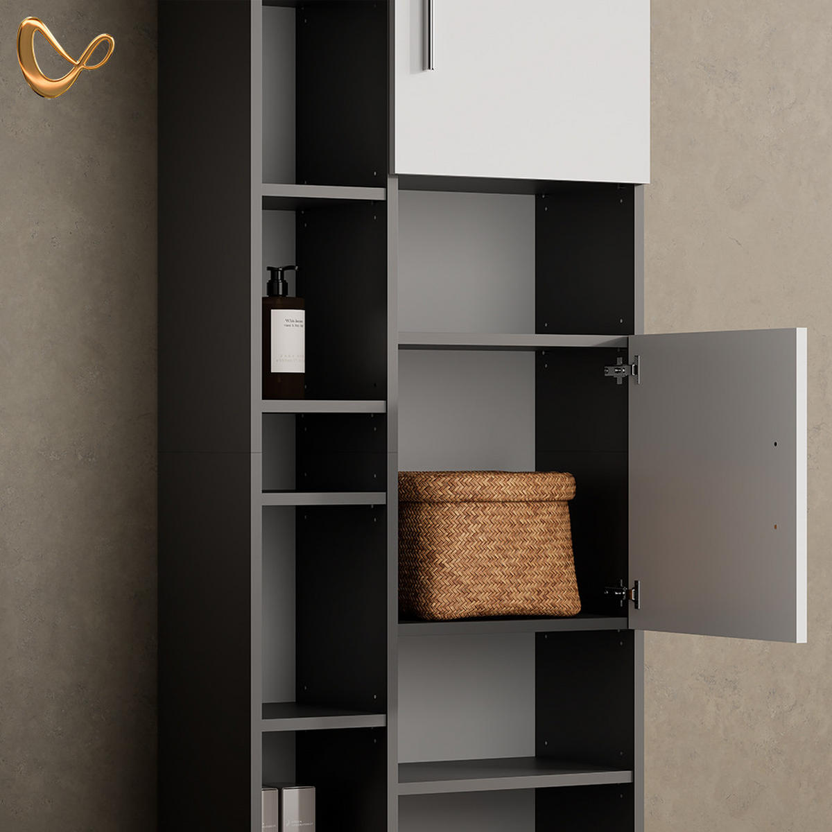 BADSCHRANK Eisak Anthrazit/Weiß 60 x 190 cm - Anthrazit/Grau, Holzwerkstoff (60/190/30cm) - Livinity®