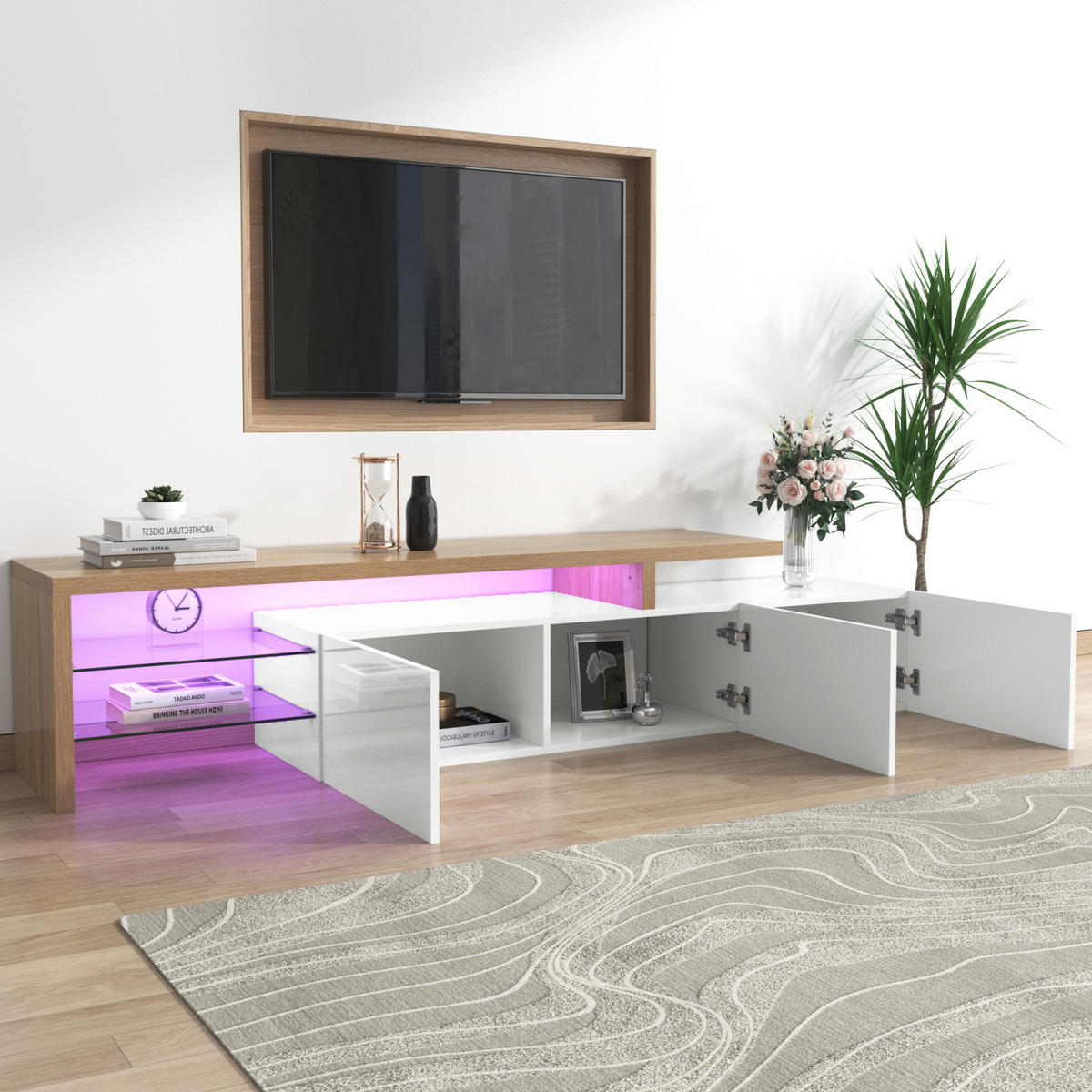 TV Lowboard LED 197x39x42 cm, Glasregale, Weiß Holz - Weiß, Holz (197/42/39cm)