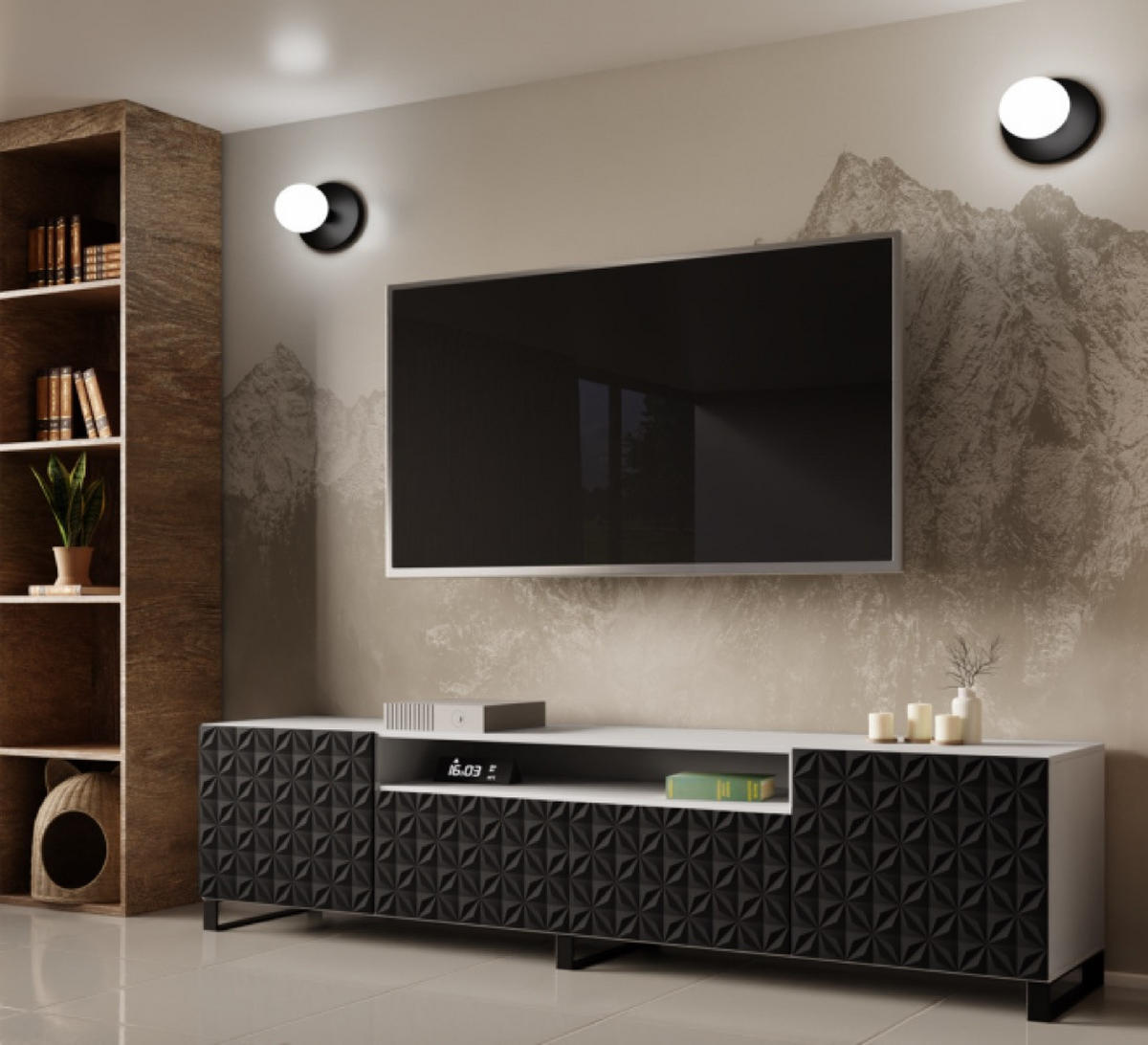 TV-SCHRANK Schwarz ALI Mit Dekorativen Fronten 200 cm - Schwarz/Weiß, Holzwerkstoff (200/40/41cm) - Sepro Meble