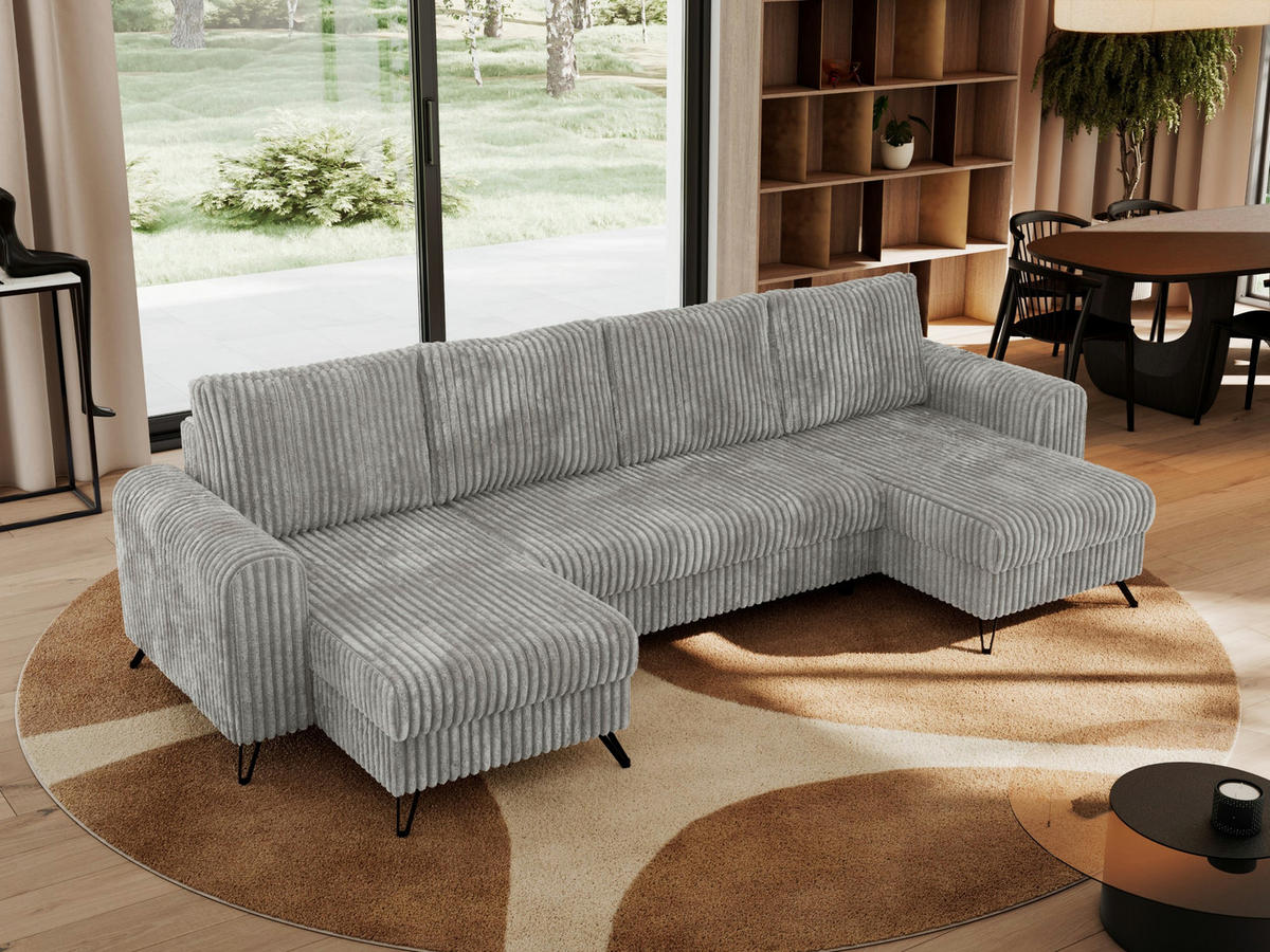 WOHNLANDSCHAFT AXEL U Cord Hellgrau - Hellgrau/Schwarz, Textil/Metall (312/90/140cm) - MKS