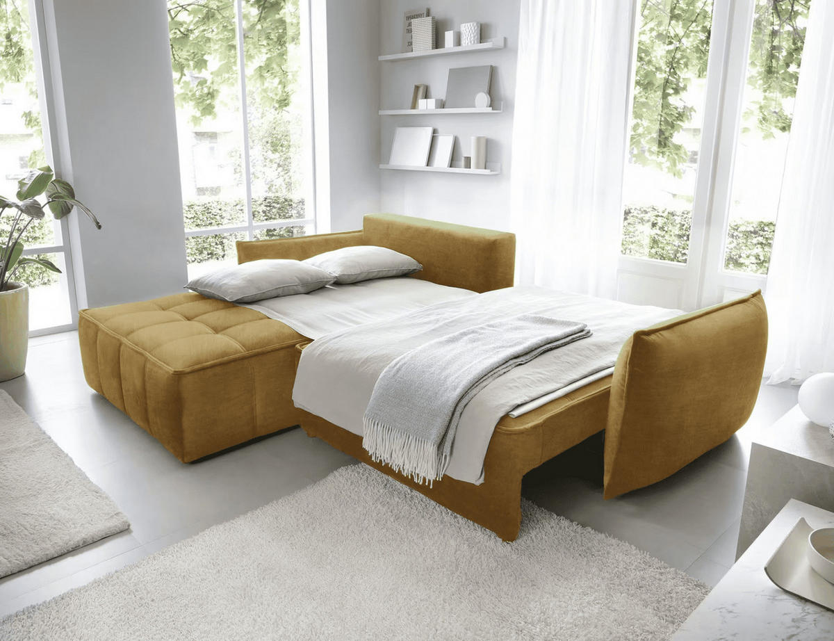 ECKSOFA mit Schlaffunktion und Bettkasten - Gelb, Textil (265/196cm) - Eltap