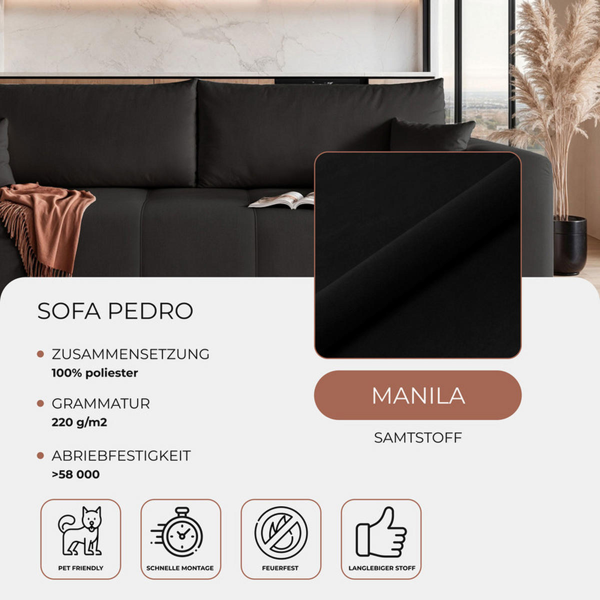 SCHLAFSOFA PEDRO mit Bettkasten Schwarz - Schwarz, Holzwerkstoff/Kunststoff (244/79/93cm) - Idohome