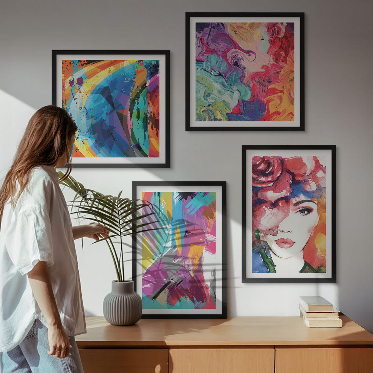 WANDBILDER 4er-Set - 50x50 cm & 40x60 cm Schwarzer Rahmen - Farbenfrohes abstraktes Porträt - Schwarz, Kunststoff (50/50cm) - ArtPrintCave