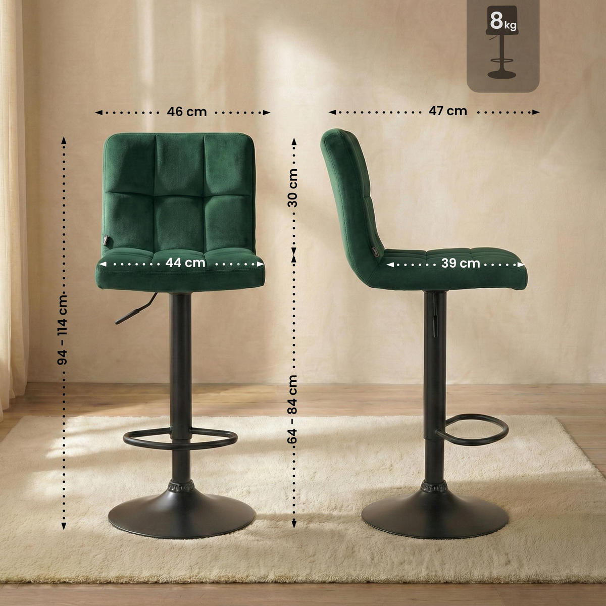 BARHOCKER Samt grün - Schwarz/Grün, Textil/Metall (46/94/47cm) - CLP