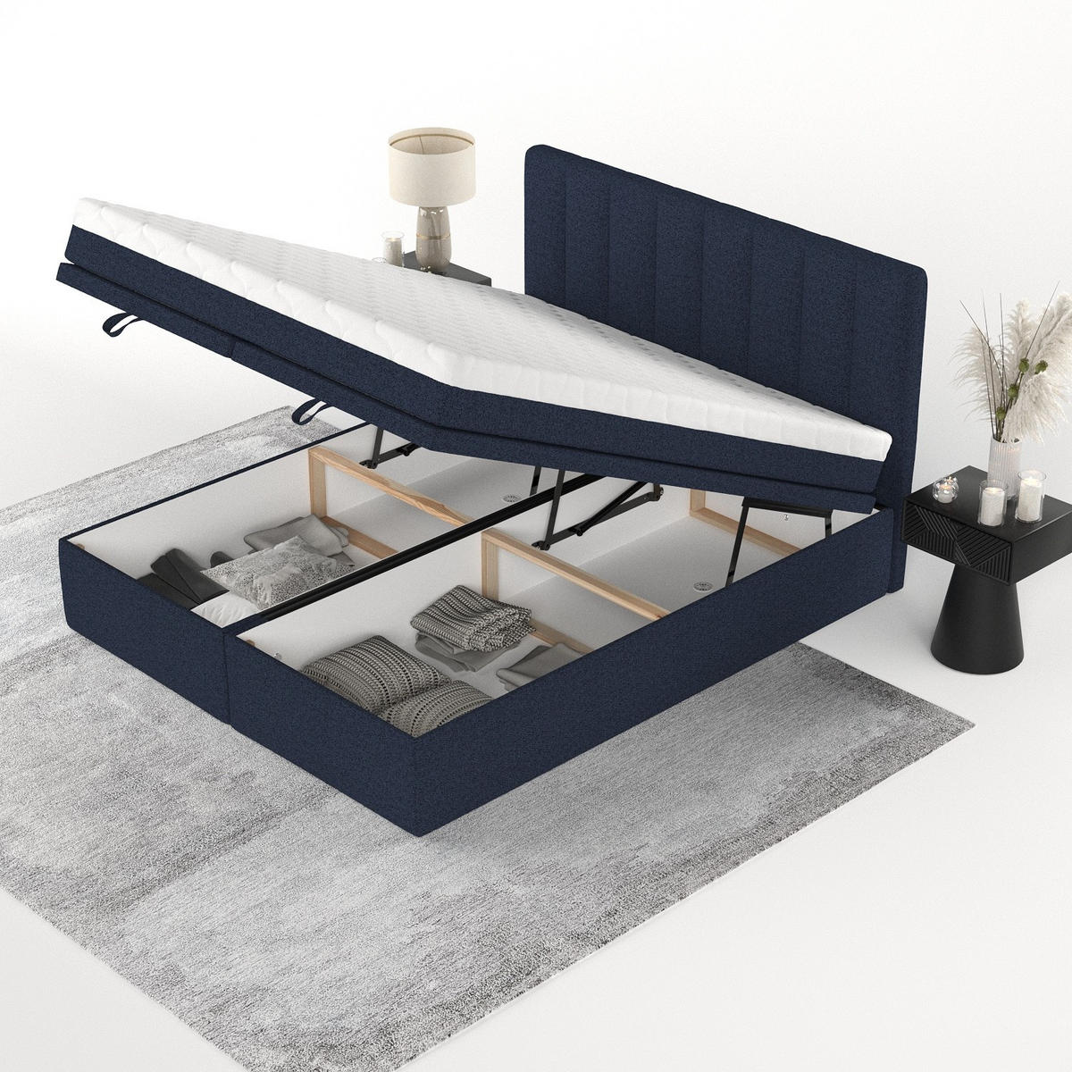 BOXBETT Lume 200/200 cm Marineblau im Riva Stoff - Schwarz/Dunkelblau, Holz/Holzwerkstoff (200/200cm) - AltaBeds