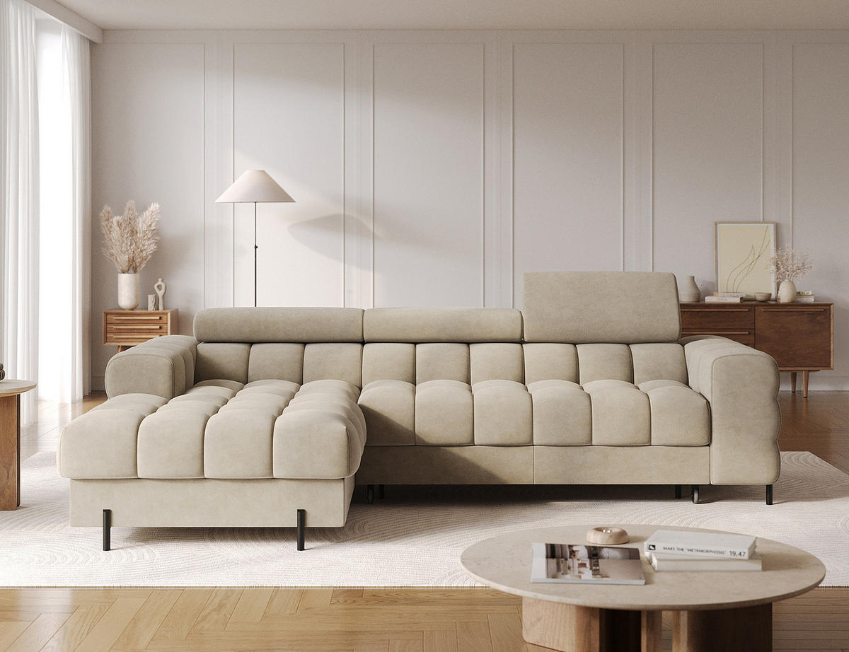 ECKSOFA FELRO mit Schlaffunktion, Bettkasten & verstellbaren Kopfstützen – Modernes Premium-Ecksofa in L-Form - Beige, Kunststoff (285/181cm) - Wohnideebilder