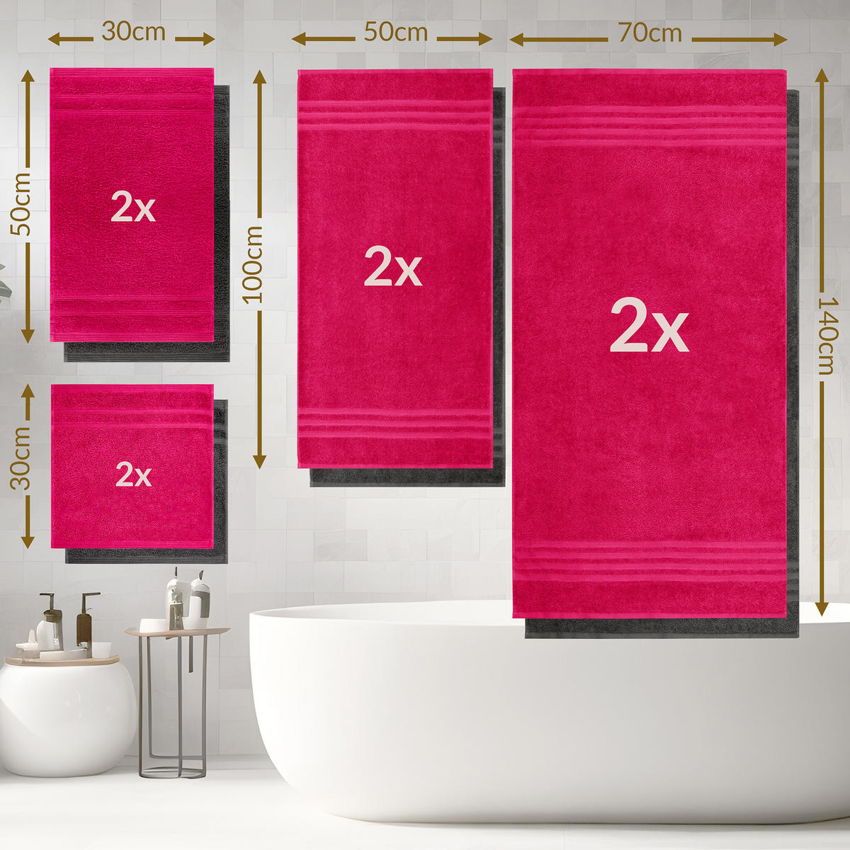 HANDTUCH Set London 8-teilig, 2x Duschtuch 70x140 + 2x Handtuch 50x100 + 2x Gästetuch 30x50 + 2x Waschlappen 30x30 Rot - Anthrazit - Anthrazit/Rot, Textil (70/140cm) - Lashuma