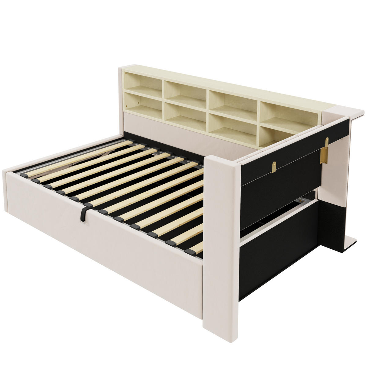 SAMT-POLSTERBETT 90/200 cm mit Bettkasten, USB-C und gepolstertem Kopfteil - Beige, Textil (90/200cm) - BEAOK