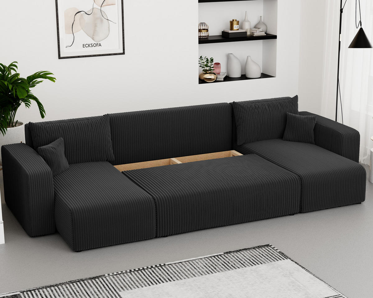 WOHNLANDSCHAFT mit Schlaffunktion und Bettkasten, Schwarz - Schwarz, Holzwerkstoff/Textil (318/79/145cm) - Idohome