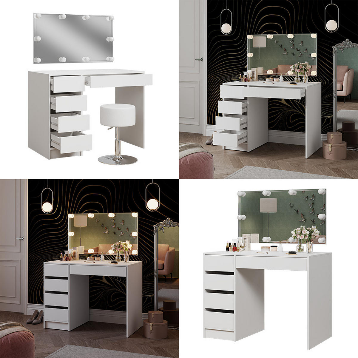 SCHMINKTISCH Thalia Weiß 100 cm mit LED Beleuchtung - Weiß, Holzwerkstoff (100/75.5/50cm) - Vicco
