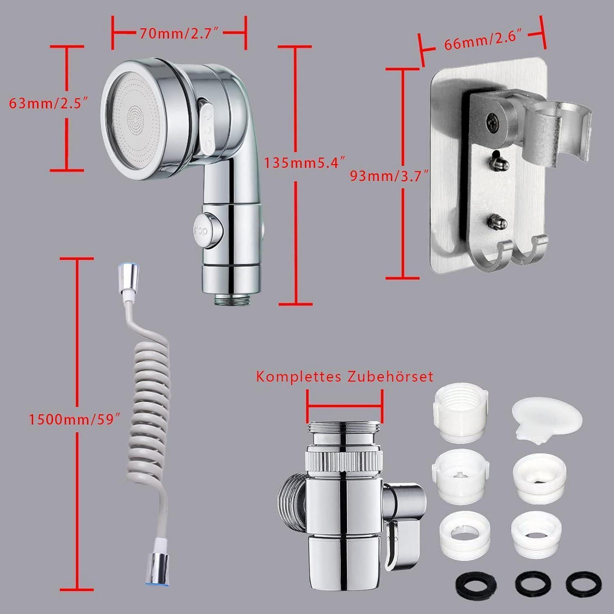 WASCHBECKEN-DUSCHKOPF-SET Silber 1,5 m Schlauch - Silberfarben, Metall (1/12.7/1cm)