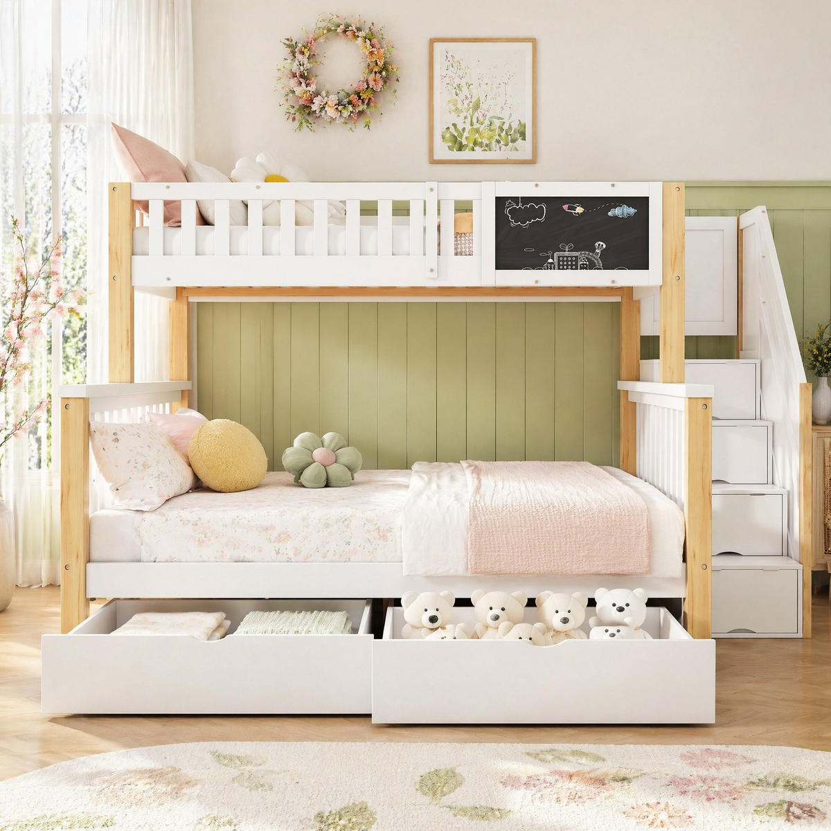 ETAGENBETT 90/200+140/200 mit Tafel, Stauraumtreppe und 2 Schubladen in Weiß und Helleiche - Weiß, Holz (90/200cm) - EVRYAE