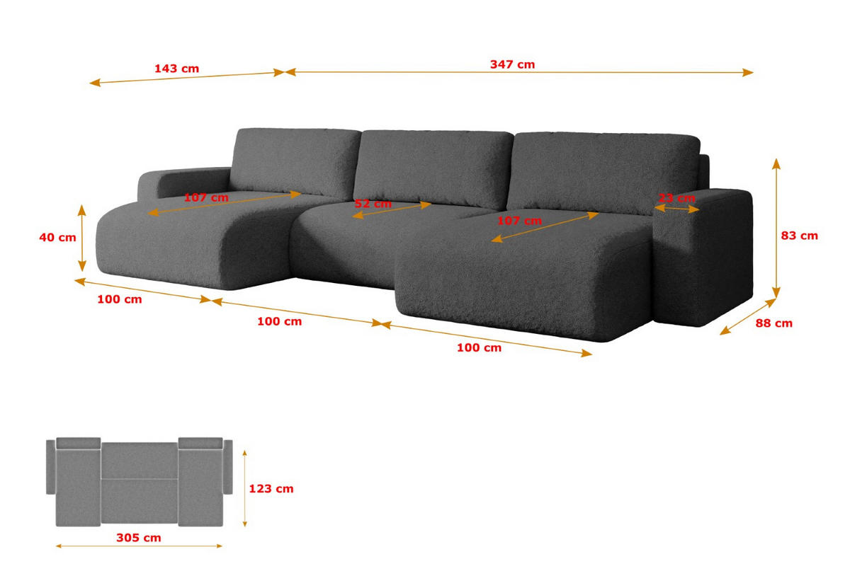 WOHNLANDSCHAFT mit Schlaffunktion und Bettkasten KLEEA-U - 347x143x83 cm Grau Bouclé - Schwarz/Grau, Holzwerkstoff/Kunststoff (347/83/143cm) - ALTDECOR