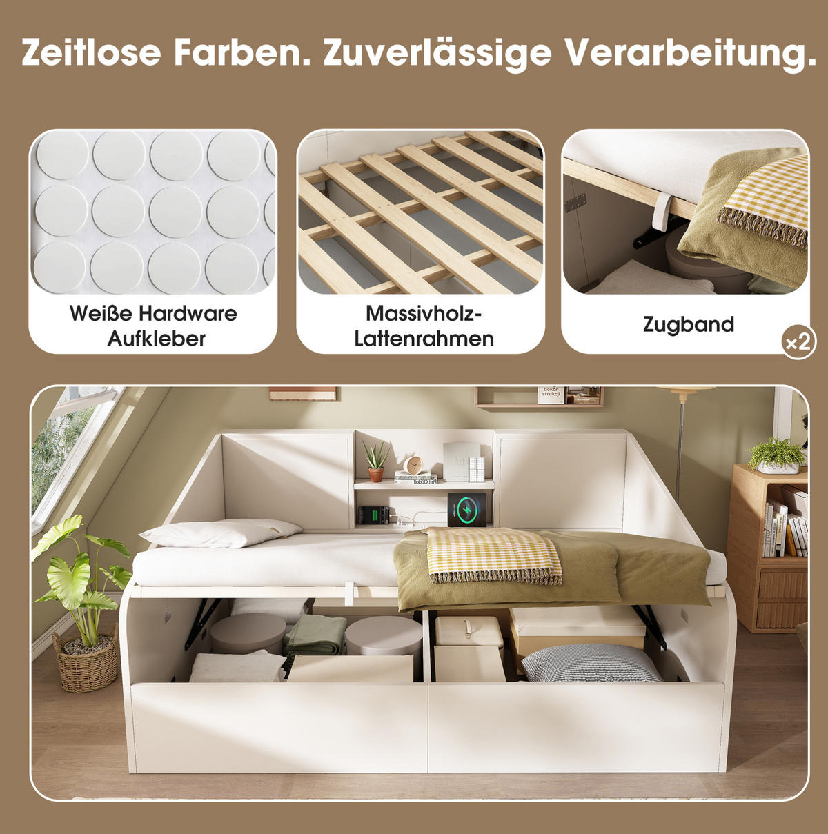 DENNÁ posteľ 140/190 cm biela s hydraulickým úložným priestorom a USB/Type-C nabíjaním z dreva - biela, textil (140/190cm) - OKWISH