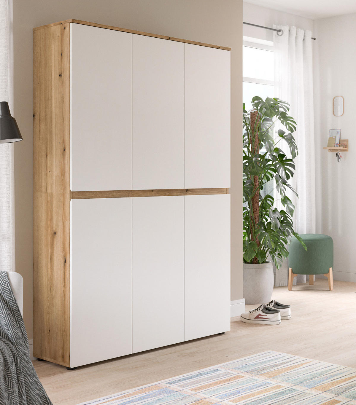 MEHRZWECKSCHRANK weiß, Evoke Eiche 105 x 175 cm, Stauraumschrank 6-türig mit 18 Fächern - Eichefarben/Schwarz, Holzwerkstoff/Kunststoff (105/175/37cm) - Inn.Furn