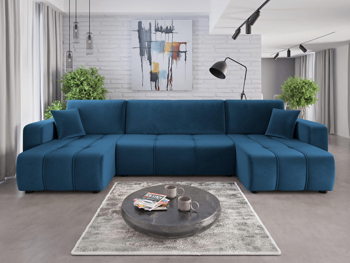 WOHNLANDSCHAFT Aice U-Form 317 cm – mit Schlaffunktion, Bettkasten, Kissen & bequemer Wellenfederung - Blau, Kunststoff (317/85/146cm) - Wohnideebilder