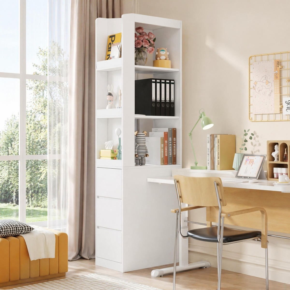 BÜCHERREGAL in Weiß Highboard mit 3 Fächern , 3 Schubladen und Kippschutz für Büro Bad, B60/T40/H200cm - Weiß, Holzwerkstoff/Metall (60/200/40cm) - STILVORA