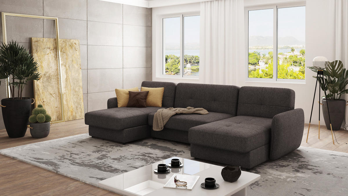 WOHNLANDSCHAFT Lupo Braun - Khaki Mikrofaser - Dunkelbraun/Schwarz, Holz/Kunststoff (311/86/147cm) - S-Style Möbel