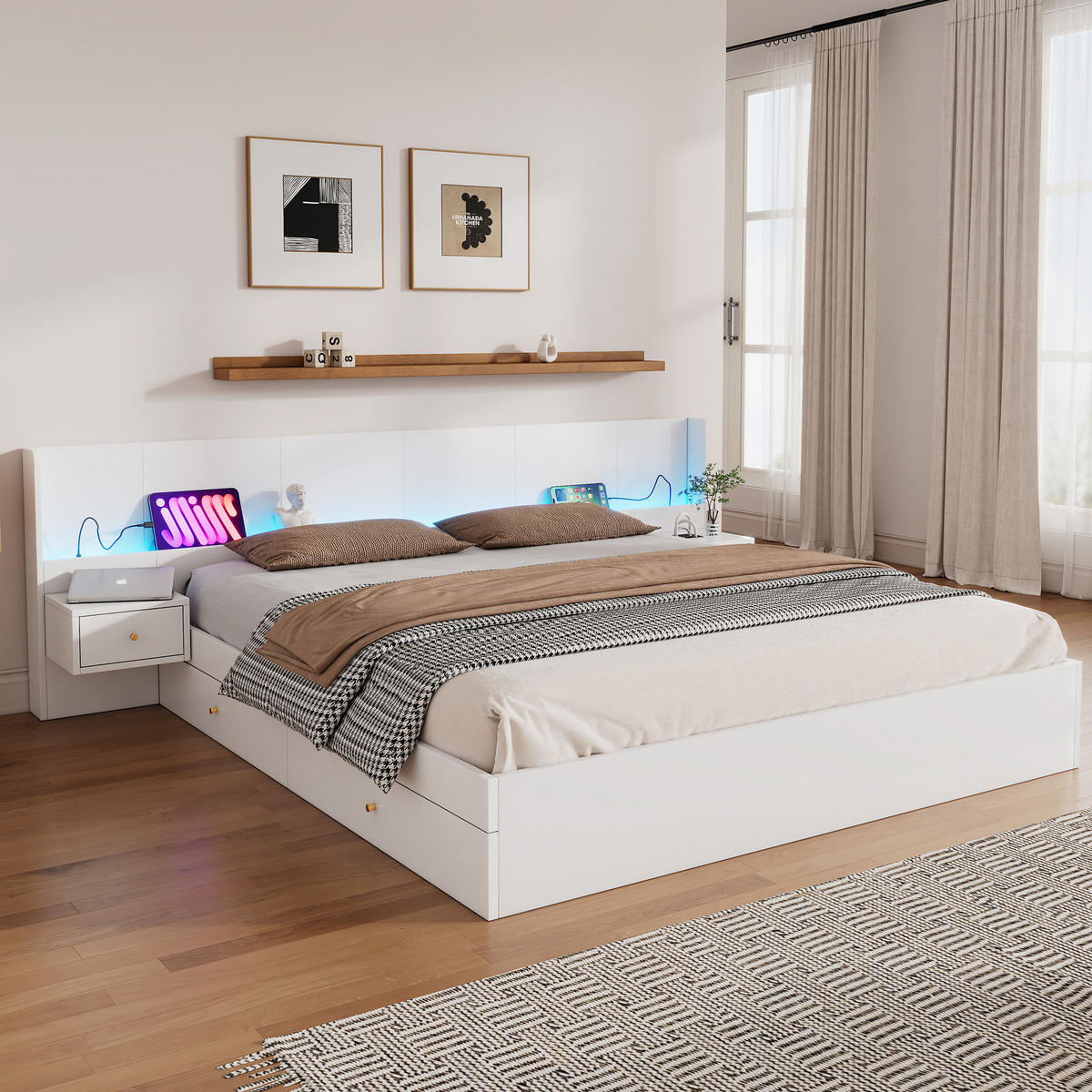 DOPPELBETT 180/200 cm Weiß mit LED-Beleuchtung und USB aus MDF mit Stauraum und Nachttischen - Weiß, Holzwerkstoff (180/200cm) - OKWISH