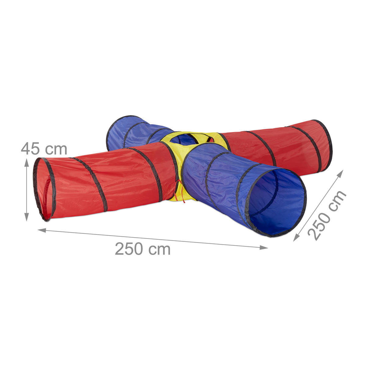 SPIELTUNNEL Rot Blau Gelb 4-Röhren Pop Up - Multicolor, Textil/Metall (250/45/250cm) - Relaxdays
