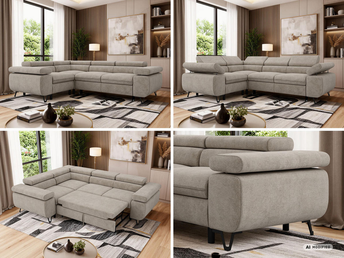 ECKSOFA FALCO L - Greige Stukture - Links Seite - Greige/Schwarz, Textil/Metall (197/268cm) - MKS